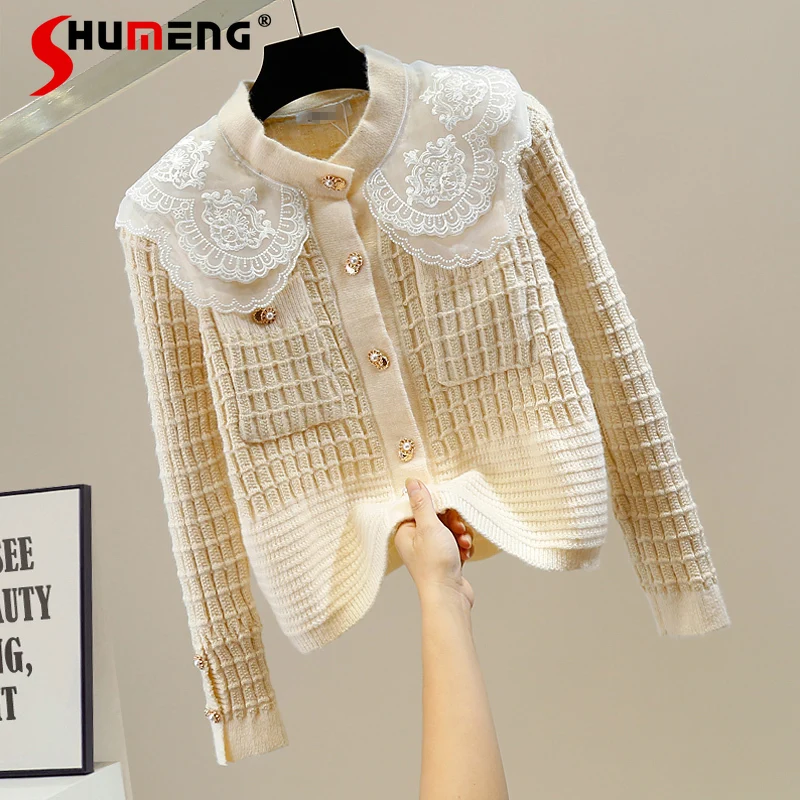 

Женский однобортный трикотажный свитер, милый свитер с кружевными вставками и кукольным воротником, кардиган с двумя карманами, весна-осен...