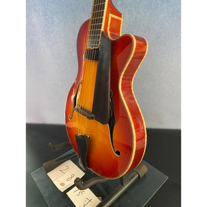 Фото Электрогитара Yunzhi Luthier ручной работы, 15 дюймов, арчтоп, цвет Sunset, с огненным кленом, полый корпус, накладка из черного дерева, массив махагони, в наличии №4