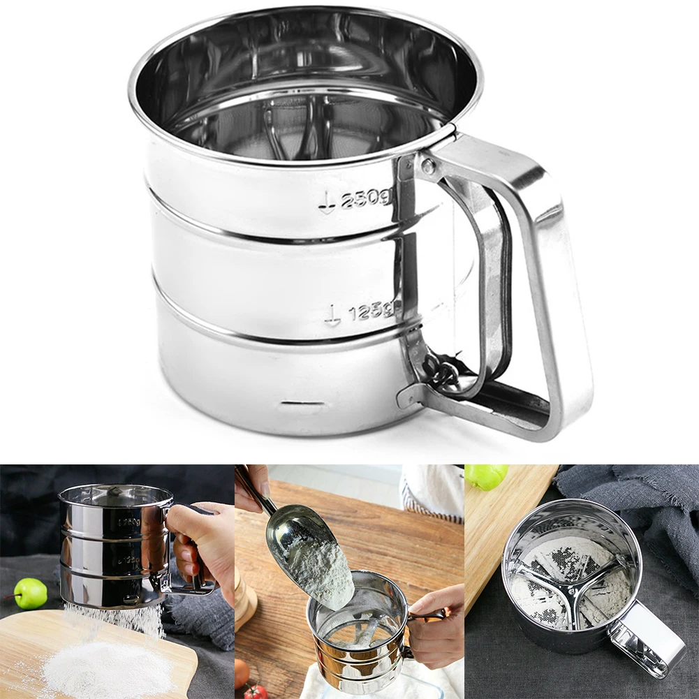 

High Quality Stainless Steel Mesh Flour Sifter Mechanical Baking Icing Sugar Shaker Sieve Cup Shape Bakeware Baking Pastry Tools