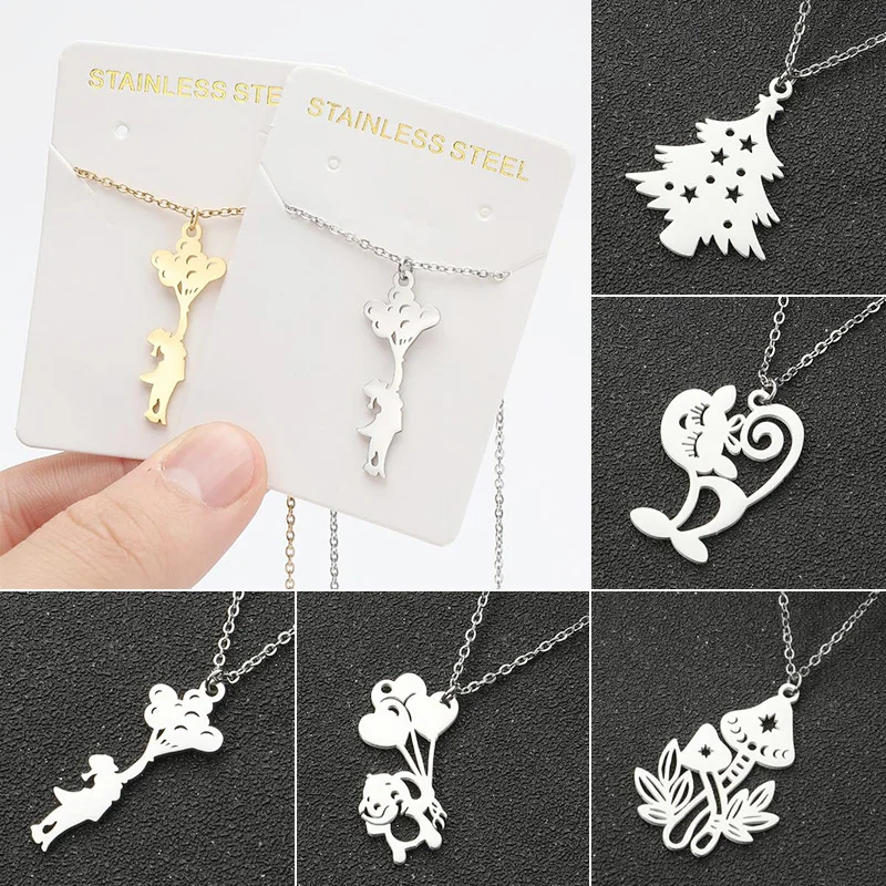 

Trendy Balloon Girl Stainless Steel Clavicle Chain for Ladies Simple Flower Elephant Cat Charm Hanging Necklace New Jewelry Gift