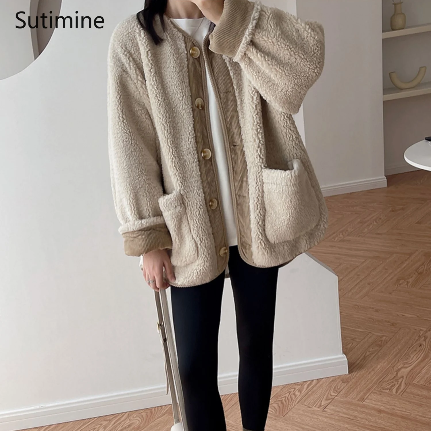Winter Clothes Women Office Lady Korean O-Neck Loose Splicing Corduroy Lamb Wool Cotton Coat Women Single Breasted Coat Women