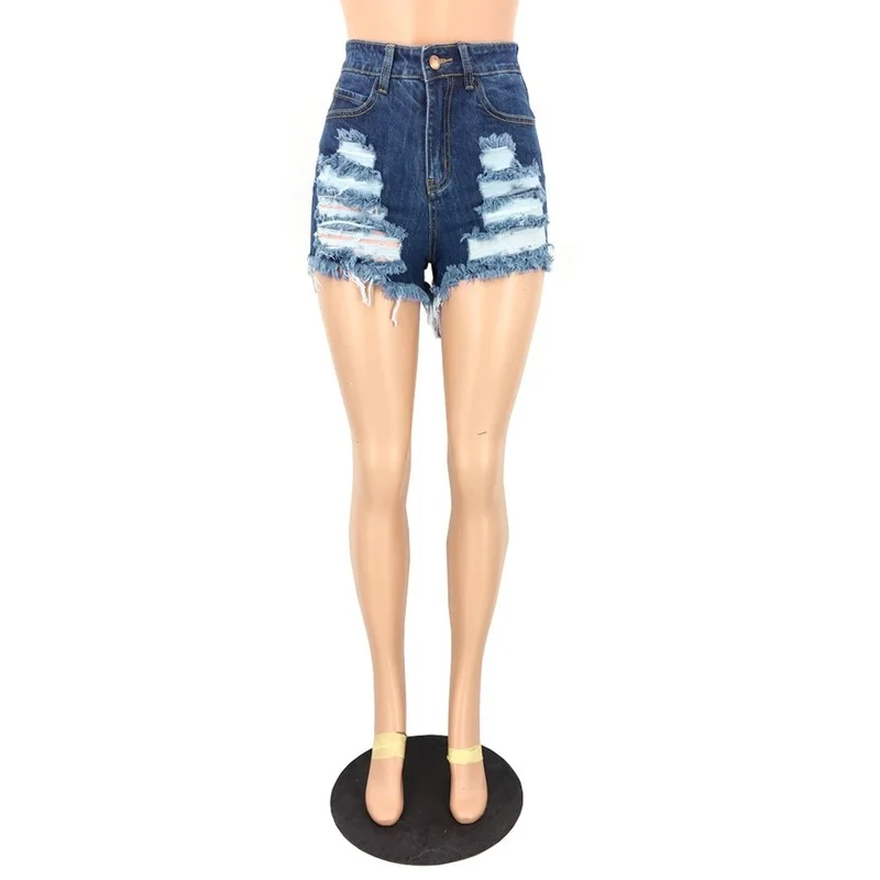 2021 New Summer Fashion Women's Tassel Ripped Hole Denim Short Zipper At The Back Sexy High Waist Denim Shorts Women Clothing