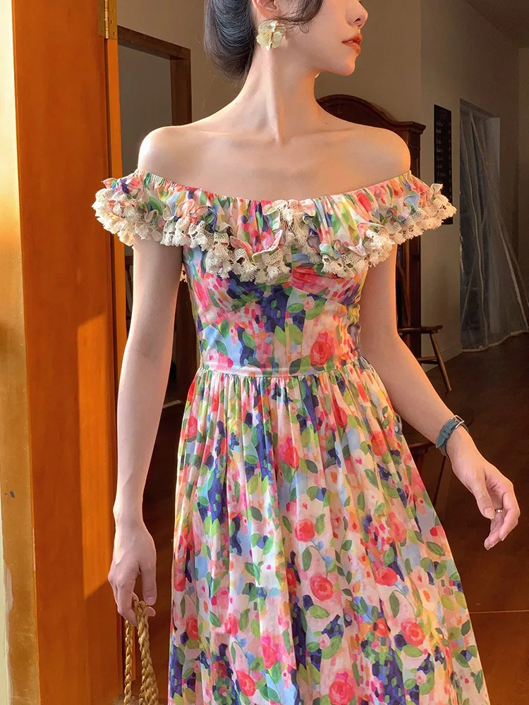 

Женское винтажное платье с открытыми плечами, повседневное Элегантное Длинное платье с цветочным принтом, без рукавов, в Корейском стиле, для пляжа, лето 2023