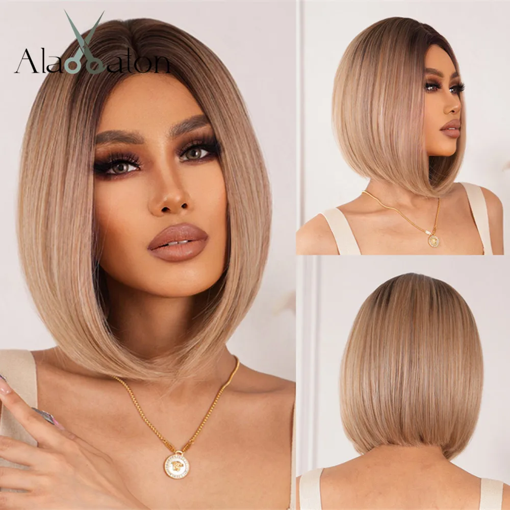 

ALAN EATON Short Brown Straight Synthetic Wigs Natural Hairline Hand-tied Part Lace Wig for Women Daily Party Heat Resistant Wig