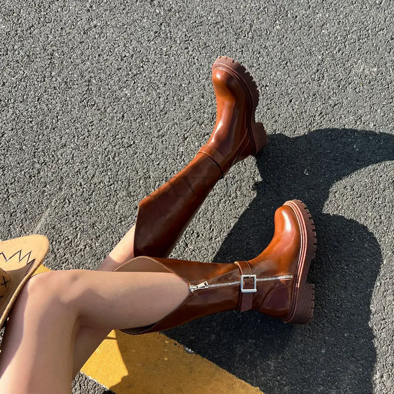 Women Knee High Boots Fashion Platform Buckle Strap Female Long Boot Ladies Soild Retro Side Zip Modern Mid-Calf Boot New