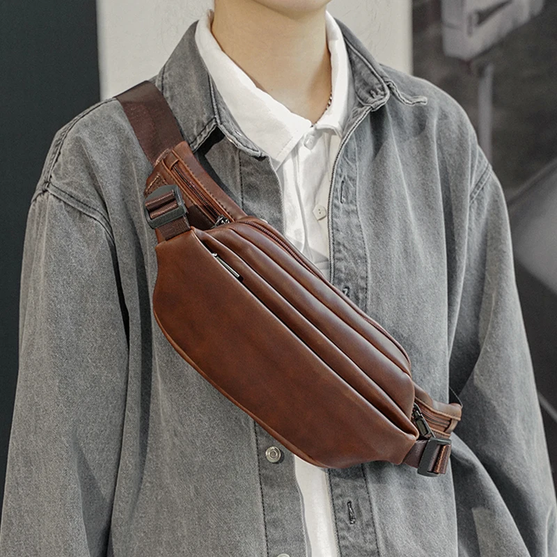 Male Waist Bag Motorcycle Leather Mini Chest Sling Bags Crossover Shoulder Purse Running Banana Belt Purses Bag for Men Small