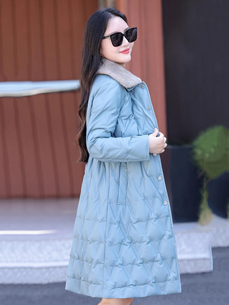 New Women Leather Down Coat Winter Casual Warm Mink Fur Collar Drawstring Waist Sheep Leather Long Down Jacket Thicken Outerwear