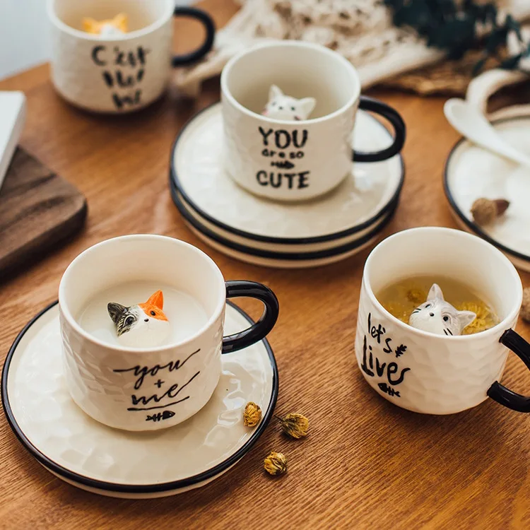 Cute Cat Mug Simple Art Afternoon Tea Coffee Cup Plate Original Breakfast Cups Thermo Coffee Cup to Carry Personalized Gifts Bar