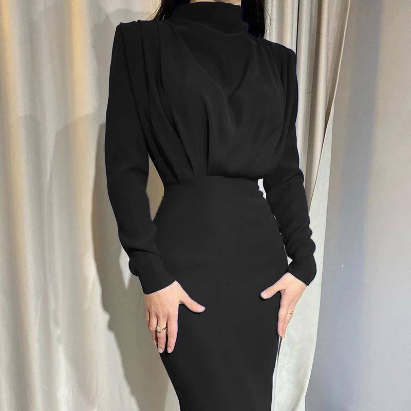 

2022 Autumn New Women's Chic Maxi Dress Pleated Solid Color Fashion Long Sleeve Elegant Lady Long Skirt Femal