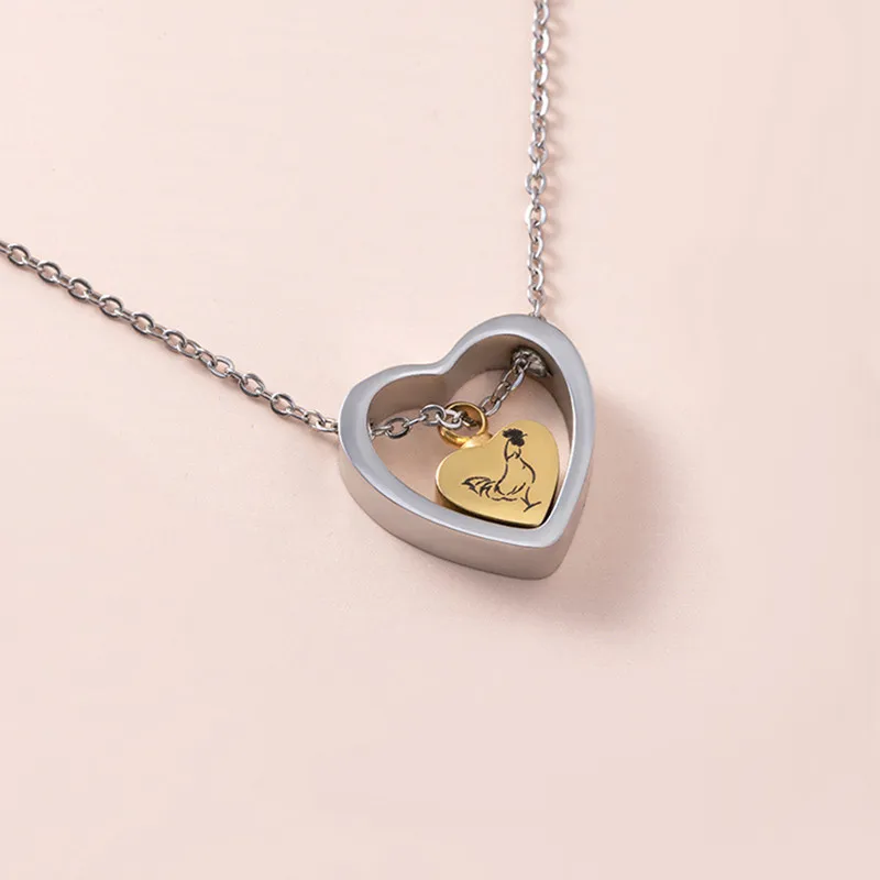

Double Heart Rooster Cremation Urn Necklace for Ashes Keepsake Jewelry Memorial Pendant Stainless Steel