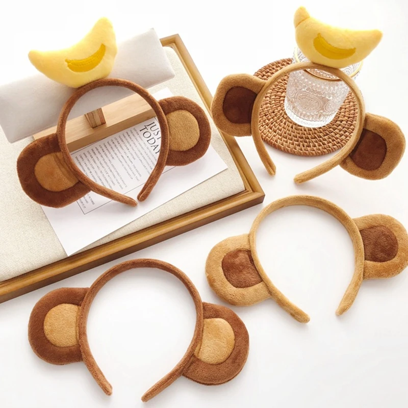 

Soft Monkey Ears Headbands Plush Animal Hair Hoop for Washing Face Cartoon Banana Headwear Theme Party Costume