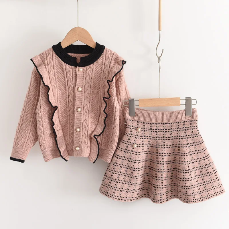 Winter Spring Unhooded Cotton Single Breasted Skin Color Plaid Round Neck Women Sweater Set Long Sleeve Lace
