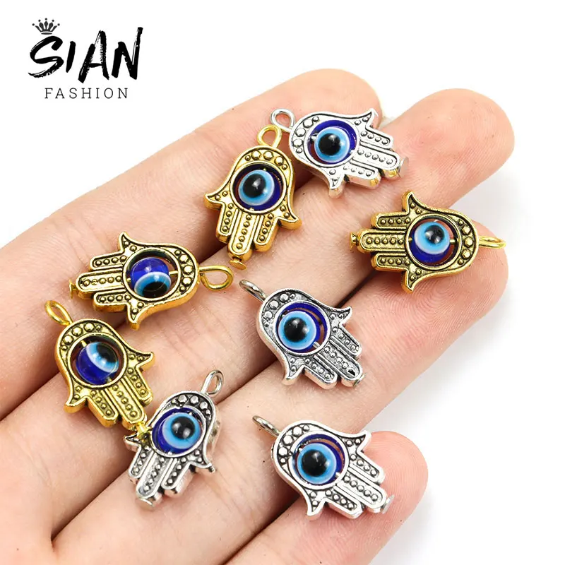 

10pcs Blue Turkish Evil Eye Beads Charms Antique Gold Color Fatima Hamsa Hand Pendants DIY Alloy Accessory Jewelry Making Gift