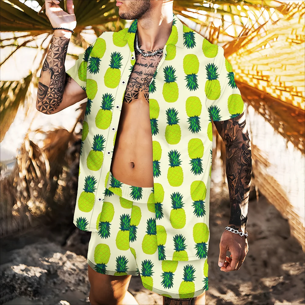 

Мужской спортивный костюм с короткими рукавами, Повседневный корейский пляжный костюм с отложным воротником и принтом ананасов, шорты, лет...