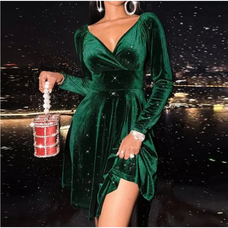 

European and American Style Autumn and Winter NewVCollarhristmasSlim-FitAWord Raglan Sleeve Dress Evening GownDRESS