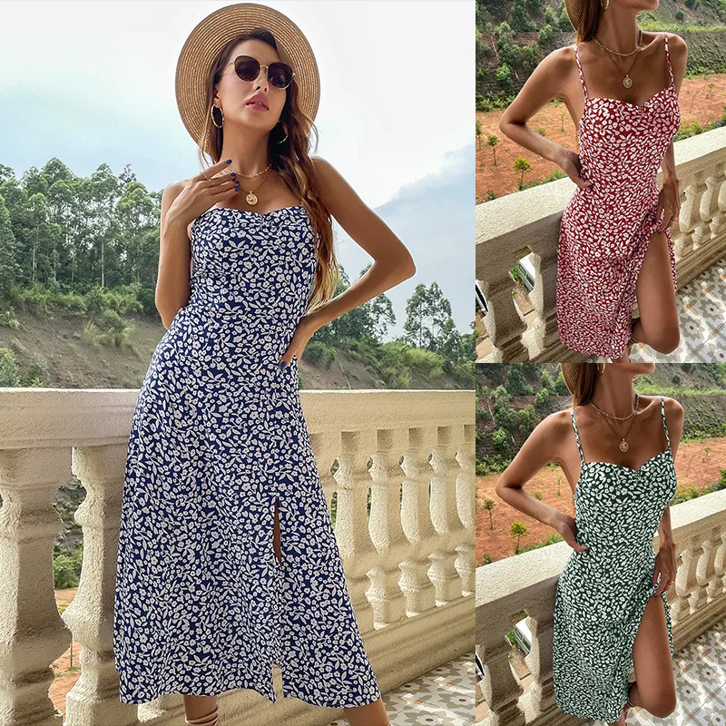 

Новинка лета 2022, платье-комбинация с цветочным принтом, облегающее платье с разрезом, женская одежда