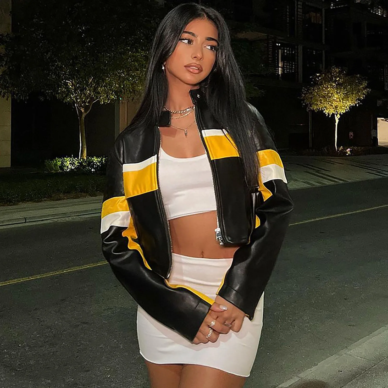 

Women'S Faux Leather Jacket Motorcycle Striped Coat St Collar Zipper Jacket Streetwear Short Cardigan Crop Top Outerwear Autumn