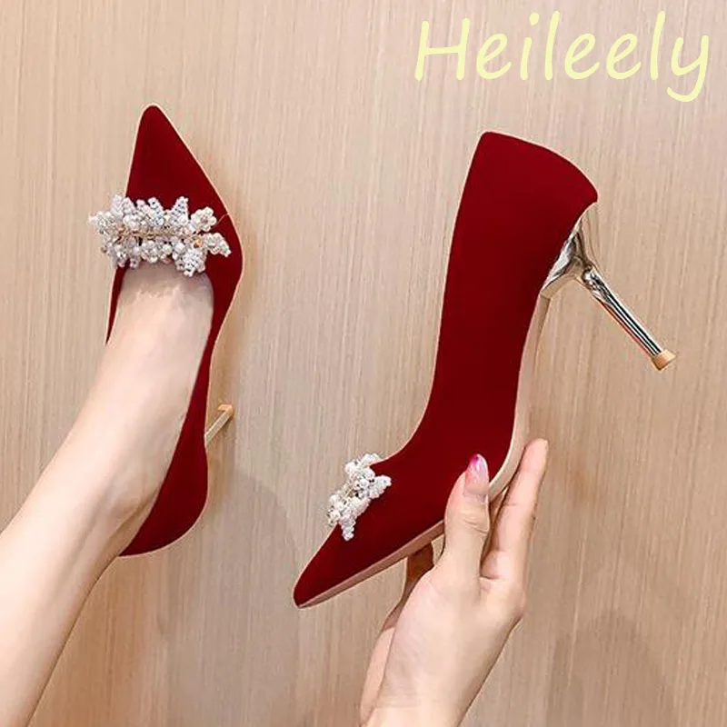 

6cm Fashion New Thin High Heels with Beaded Flowers Pointed Toe Pumps Red Bride Shoes for Women 41 42 43