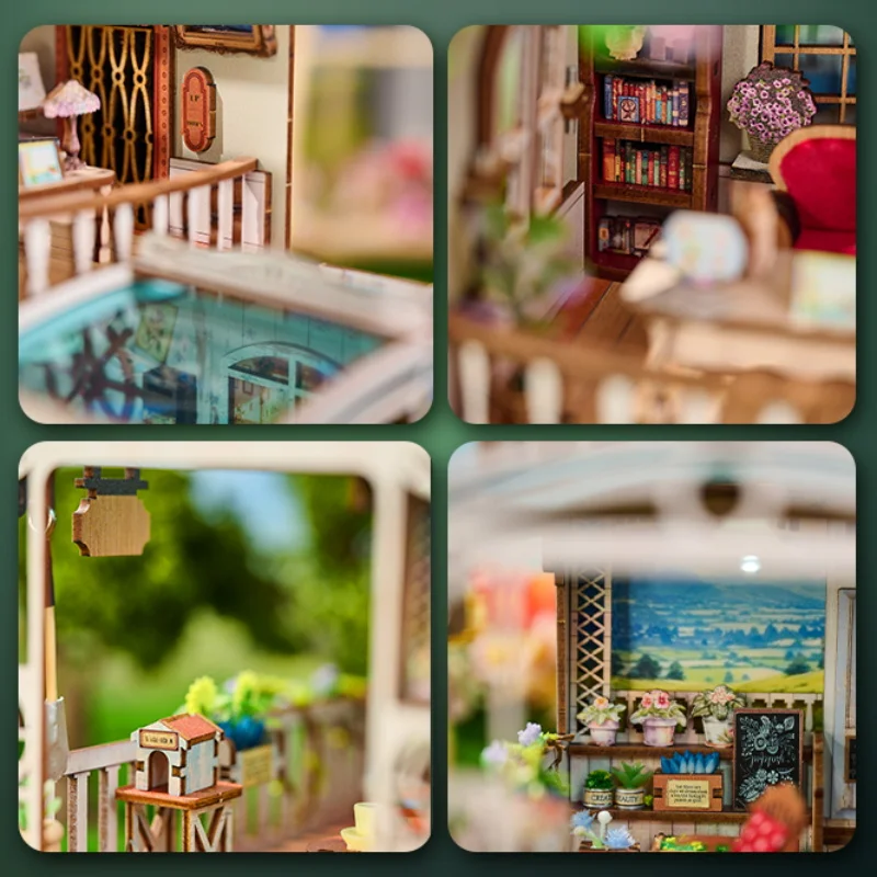 DIY Wooden Book Nook Happy Moments Figurines Miniatures Bookend Handmade Bookshelf for Friends Birthday Gifts Home Decor Crafts