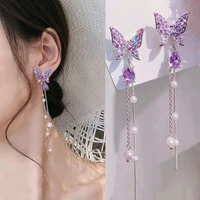 fashion long pearl chain butterfly earringswomen butterfly tassel earringscrystal butterfly dangle stud earrings for women