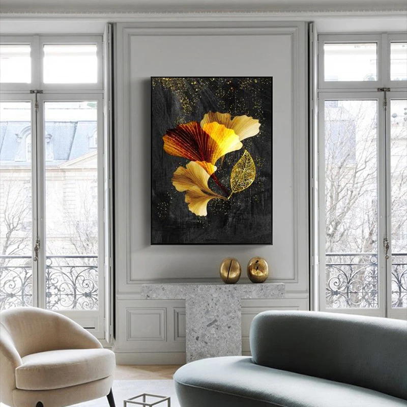 Абстрактная Картина на холсте с золотыми желтыми листьями плакаты и принты