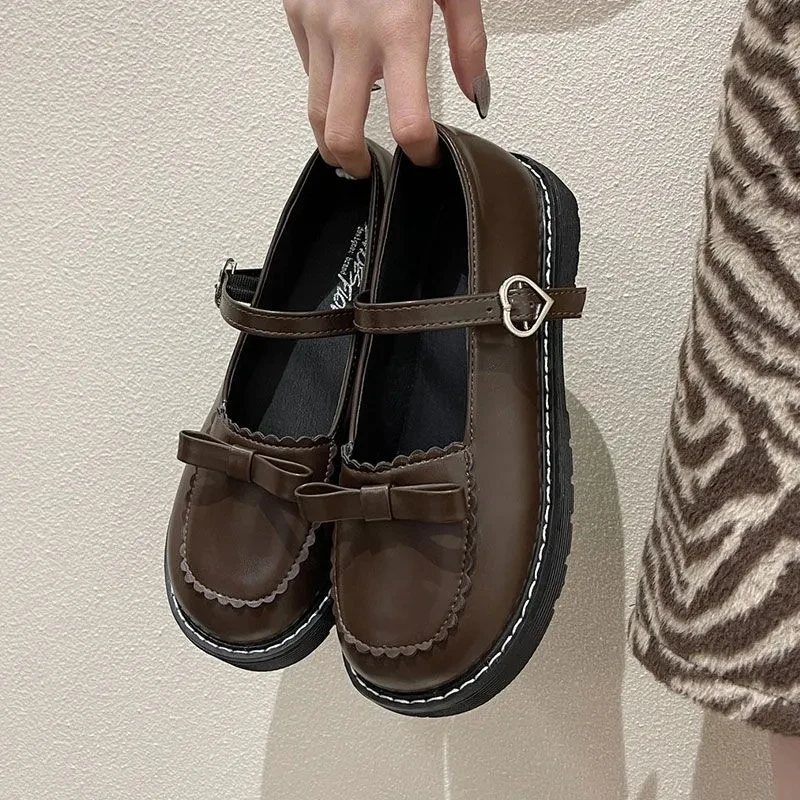 

Bow Heart Mary Jane Shoes Ladies Cute Kawaii Platform Flats Fashion Designer Buckle Strap Leather Shoes