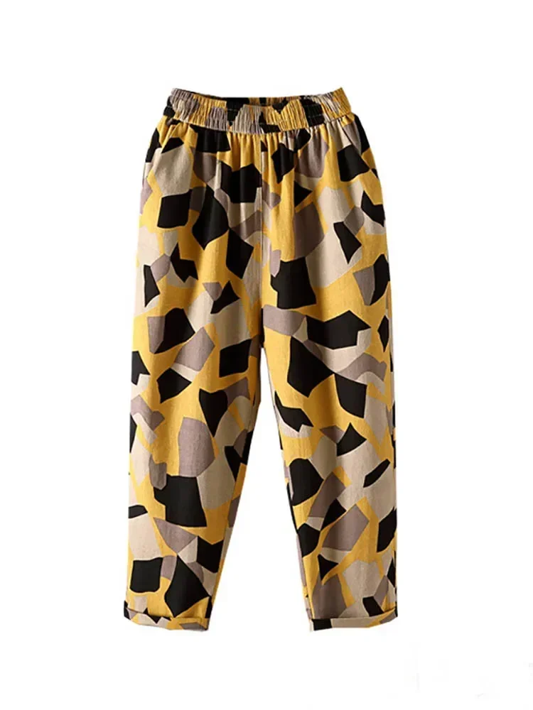 Модные хлопковые льняные шаровары с принтом для женщин лето 2024 повседневные