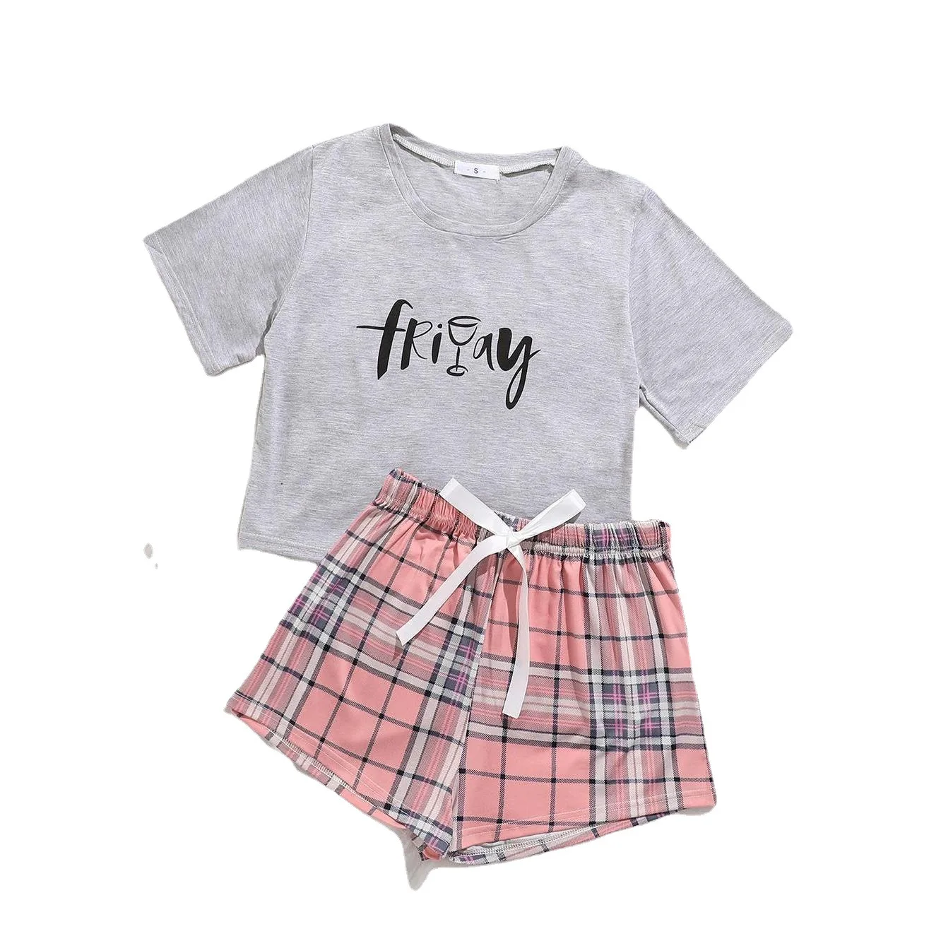 Women's Pajamas Two Piece Sets Summer Short-sleeved Top Casual Lace-up Plaid Shorts Homewear Suit Nightwear Women Pijamas Pjs