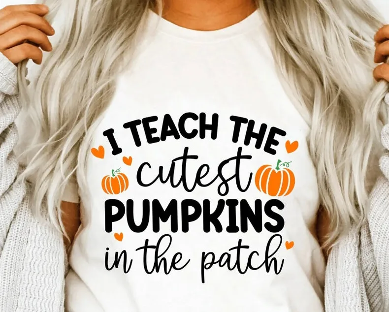 I Teach The Cutest Pumpkins In The Patch Shirt Pumpkin Teacher Shirts Halloween Teacher T-Shirt Cotton O Neck Short-Sleeve Tees