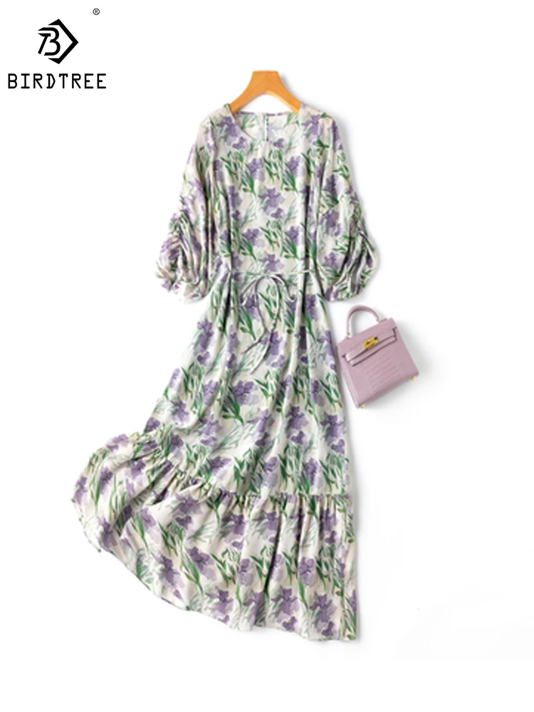 Birdtree 100% Pure Silk Dress Women Ruffles Printing Long With Sashes Big Hem O Neck Lantern Sleeves Dresses Chic ClothesD34841C