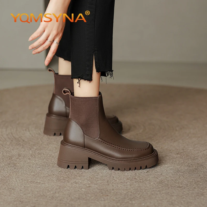 

YQMSYNA Casual Chelsea Boots For Women Genuine Leather Square Heel Round Toe Non-slip Ankle Boots Comfortable Office Shoes A02