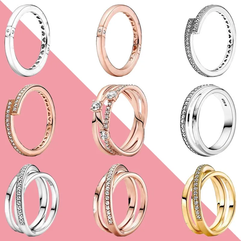 

2022 Luxury Shining S925 Silver Heart Wrong Circle Three-ring Ring Two-color Multi-ring Double-sided Pandor Ring Women Jewelry