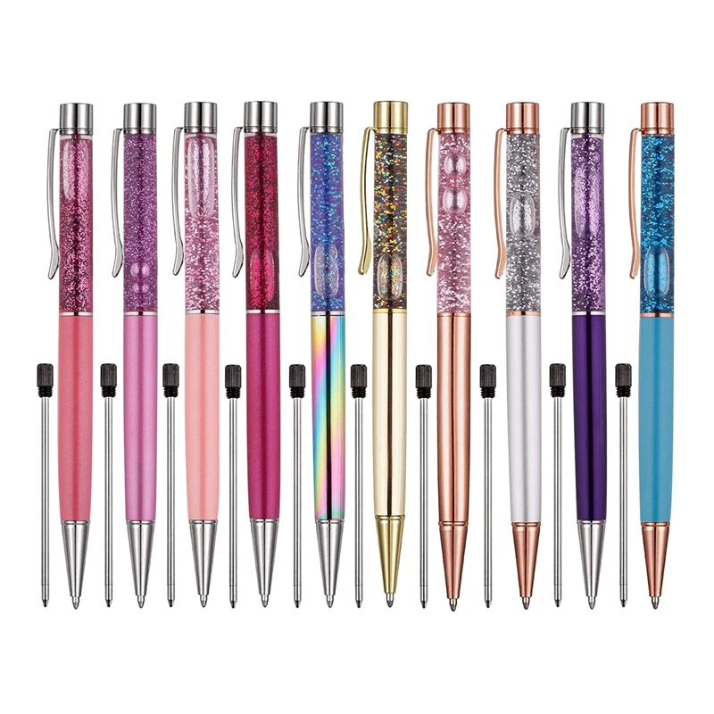 

10Pcs Ballpoint Pens Personalized Bling Dynamic Liquid Sand Rose Gold Metal Pen Black Ink For Gift Office Decor Supplies