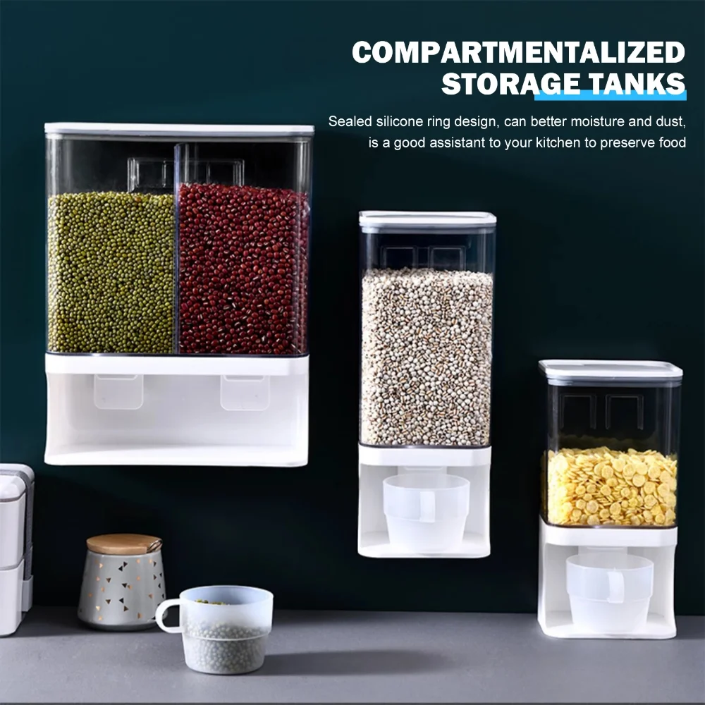 

Dry Food Dispenser Wall-Mounted Large Rice Storage Box Moisture-proof Sealed Grains Container Bin Space Saving Kitchen Storage