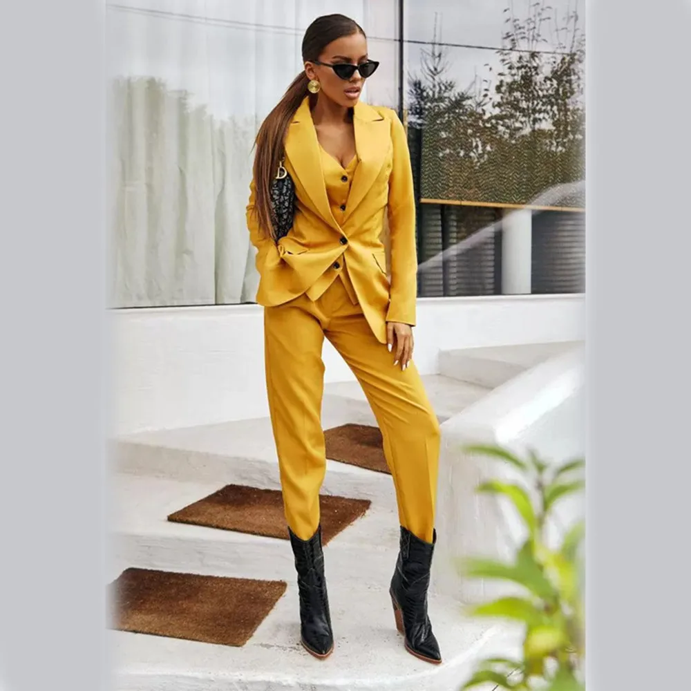 Suit for Women Business Formal Blazer Pants Vest Yellow Overalls Party Tuxedo Pants Suit Female 3 Piece Set