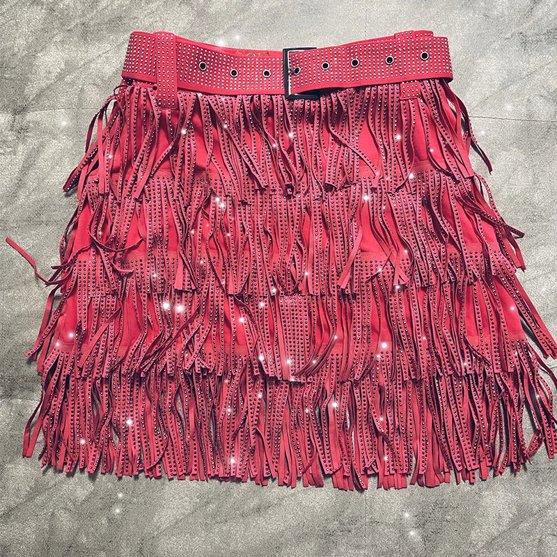 Za Fashion 2022 New Autumn Women High Waist Belt Multi Layer Short Heavy Drilling Rhinestones Fringed Belt Cake Skirt A Line Y2k