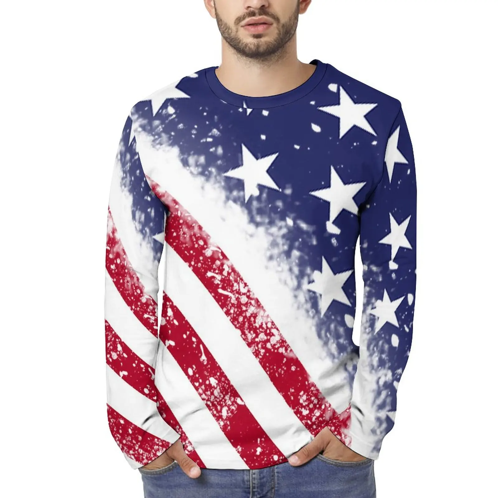

Men 3D Print Long Sleeve T Shirt National American Flag Lightweight Streetwear T-shirt