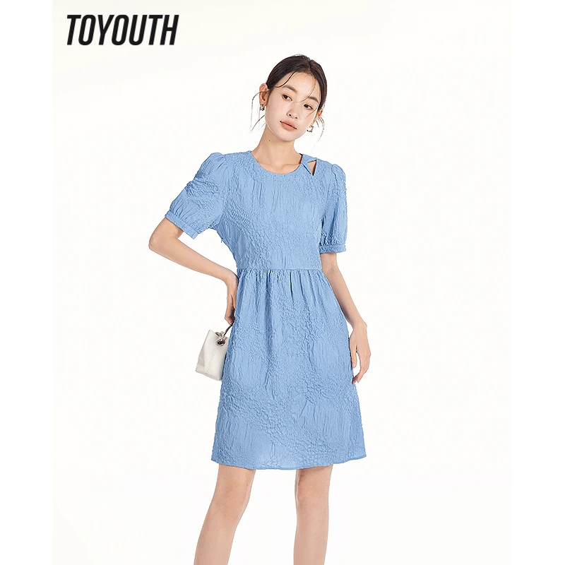 Toyouth Women Dress 2023 Summer Short Sleeve Round Neck Slim Waist A-shaped Hollow Out Pleated Design Texture Fabric Blue Skirt