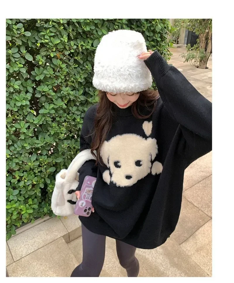 Y2K свитера с круглым вырезом черные пуловеры мультяшным принтом собаки вязаные в