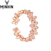 minhin flower openning rings for women rose gold color stainless steel charming jewelry shiny round crystal wedding finger ring