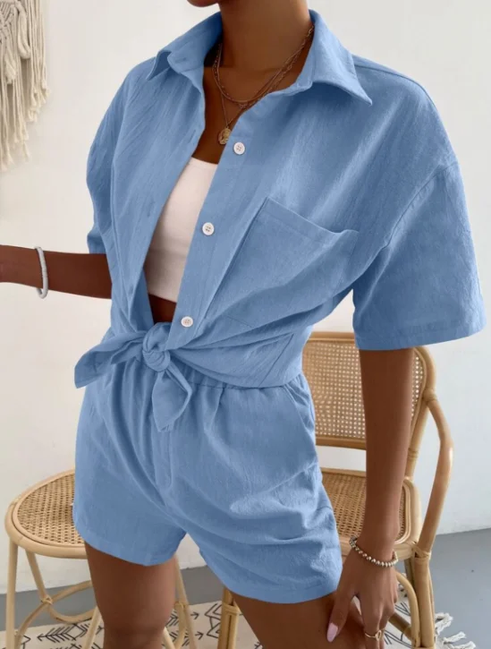 

Summer Women's Suit Shirt and Short Sets Solid Color Casual Cotton and Linen Blouse and Shorts Two Piece Sets Women Outfit 2023