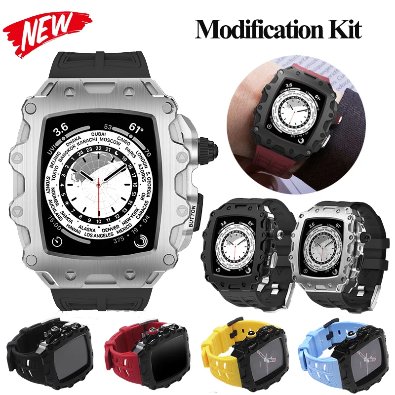 Modification Kit Zinc Alloy RM Mod Bezel Case Rubber Strap For Apple Watch Band 44mm 45mm iWatch 8 7 6 SE Modified DIY Watchband