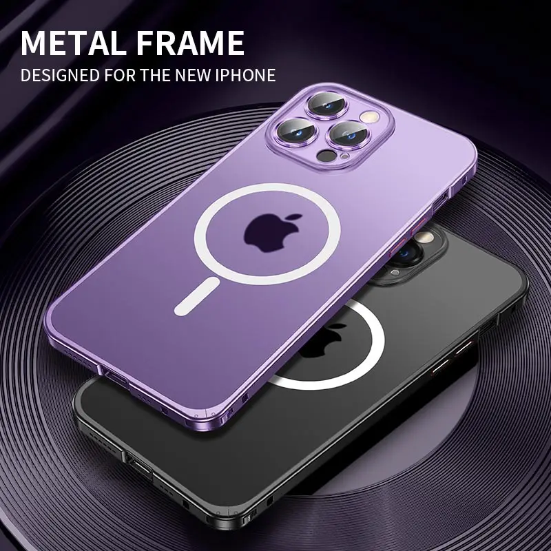 Luxury Metal Frame Matte Case for IPhone 14 13 12 Pro Max 14 Plus For Magsafe Cover Wireless Charging Aluminum Magnet Phone Case