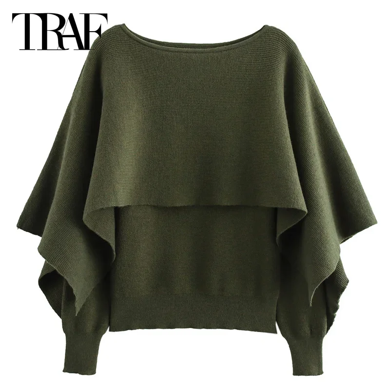 Свободный плащ TRAF пуловер женский свитер осенние новинки зеленый с круглым