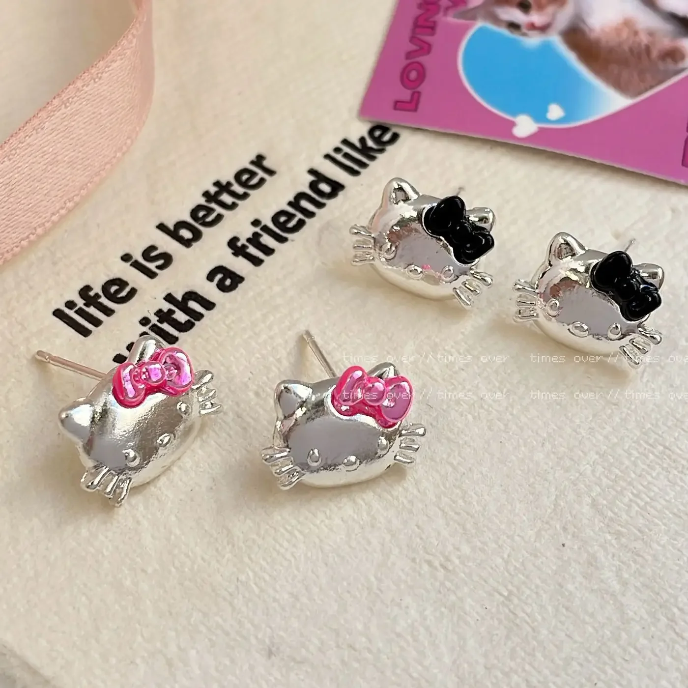 Набор серег Hello Kitty Розовый Черный KT Кошачья голова Аниме Фигурка Kawaii Y2K Лук 925