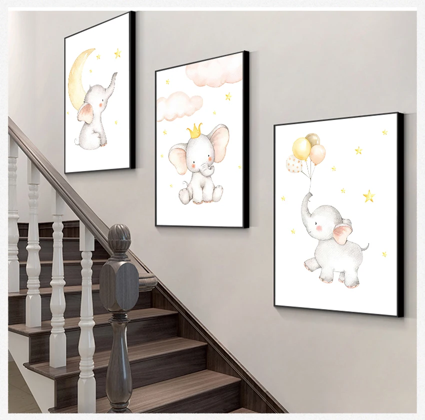 

Настенная картина на холсте, простой рисунок в скандинавском стиле, украшение для детской комнаты, слон, луна, звезда, детское животное