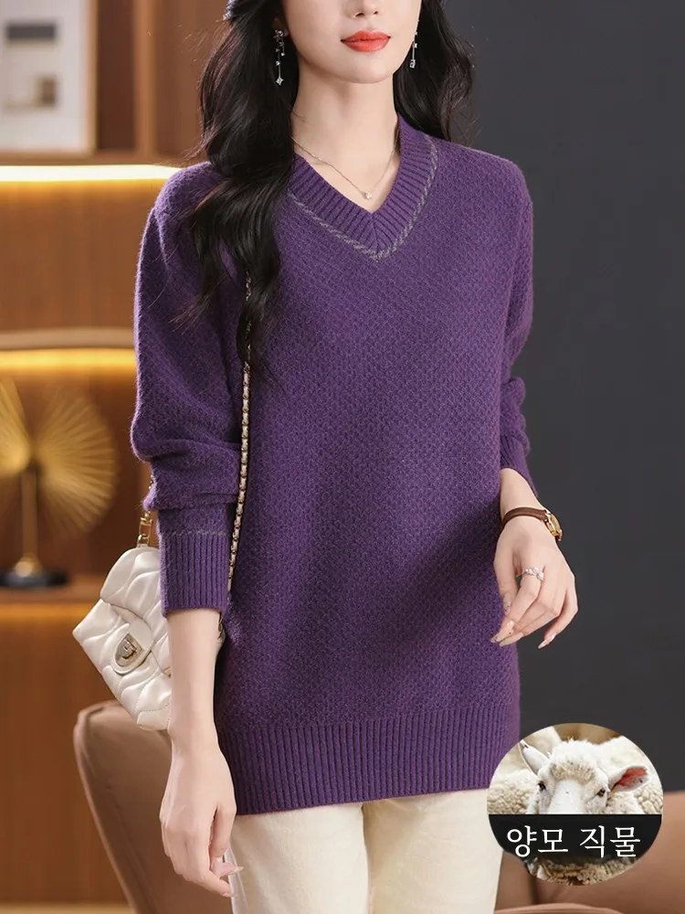 Plus size women clothing Autumn and Winter Mid-Length Woolen Sweater Women's Butt Covering V-neck Knitted Bottoming S...