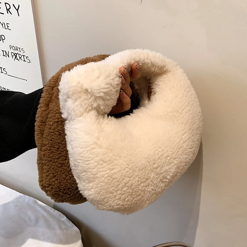

Fashion Knotted Handle Plush Women Handbags Half Moon Furry Faux Fur Women's Bag Winter Soft Faux Plush Hand Bags For Women New