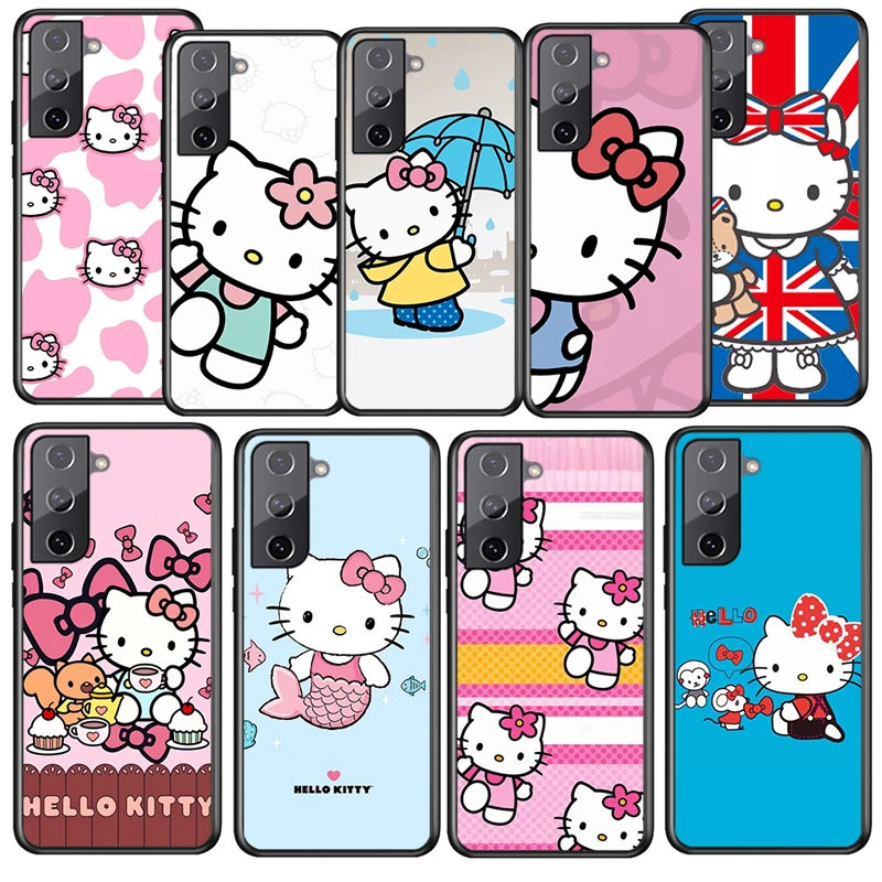 

Cartoon Hello Kitty Funny For Samsung Galaxy S22 S21 S20 Ultra Plus Pro S10 S9 S8 S7 S6 5G Soft Silicone Black Phone Case Coque