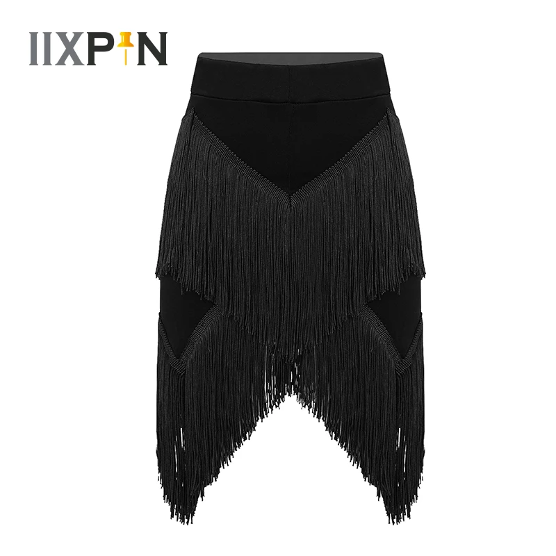 

Kids Girls Latin Skirts Solid Color Tassel Decor Irregular Hem Dance Skirt Latin Ballroom Dance Wear Stage Performance Costume